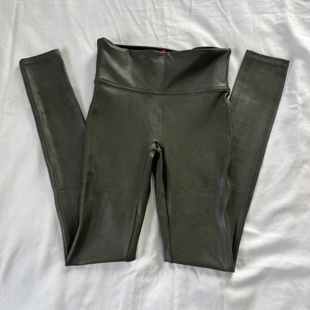 Spanx Olive Green Mid Rise Faux Leather Leggings | Size XS